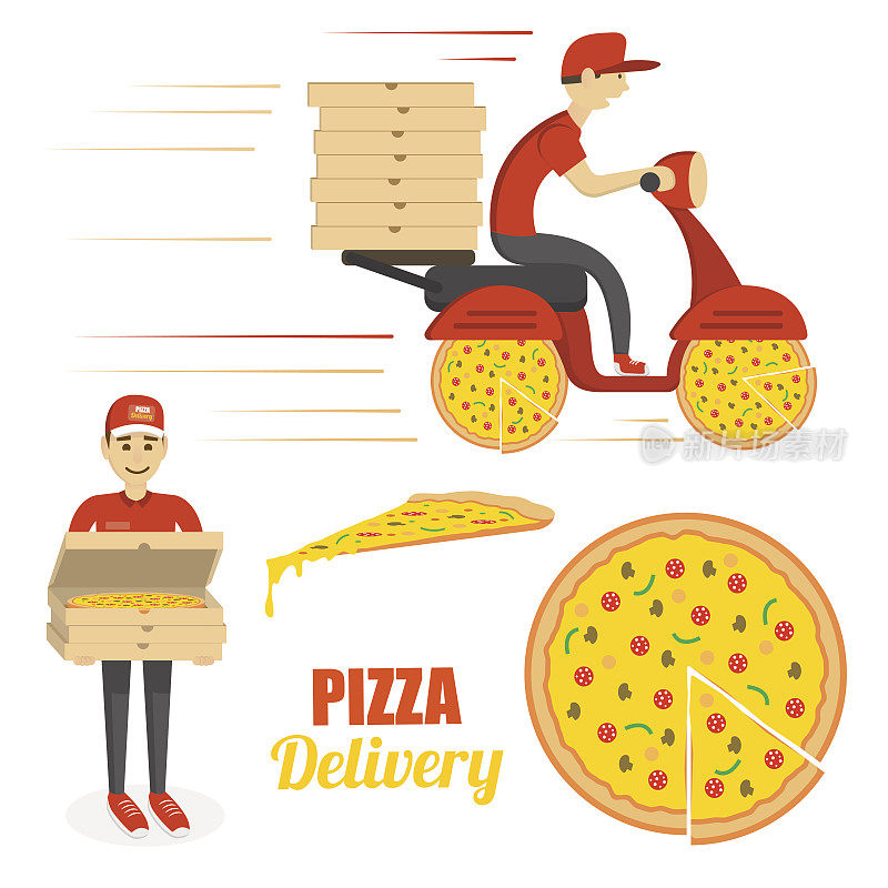 披萨，摩托车和送货员。快速交付的概念