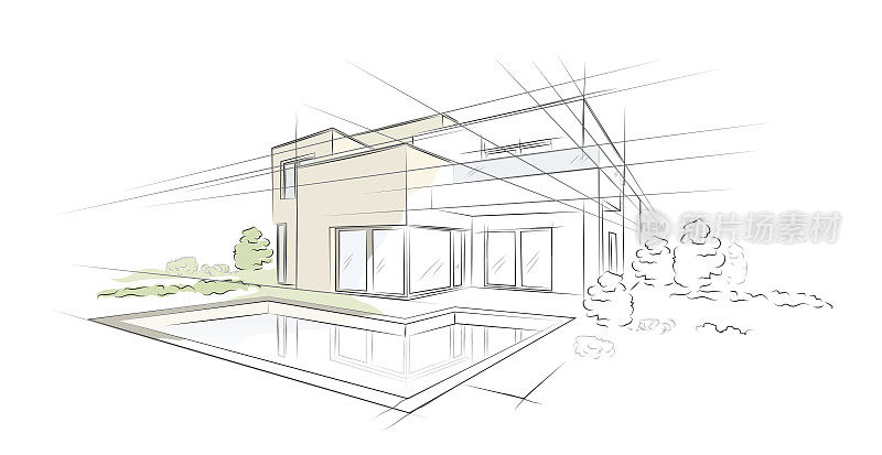 矢量插图线性项目建筑草图独立式住宅