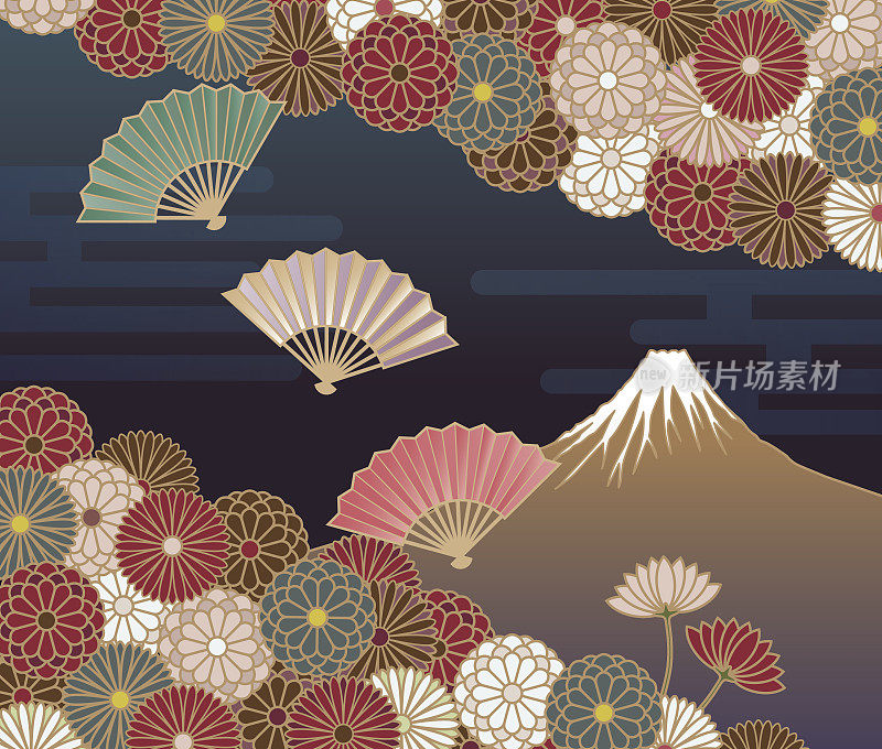 富士山，手扇和菊花，日本传统图案