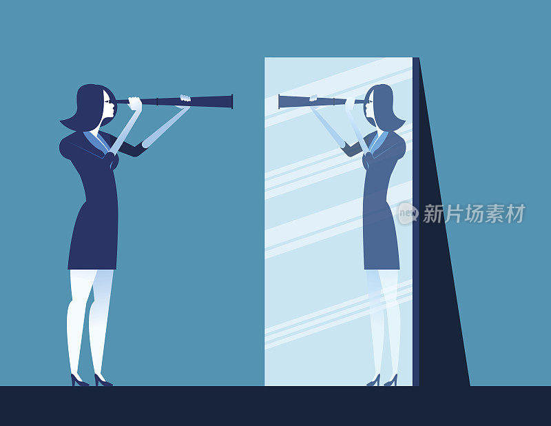拿着望远镜在镜子里反射的女商人。概念业务矢量插图。