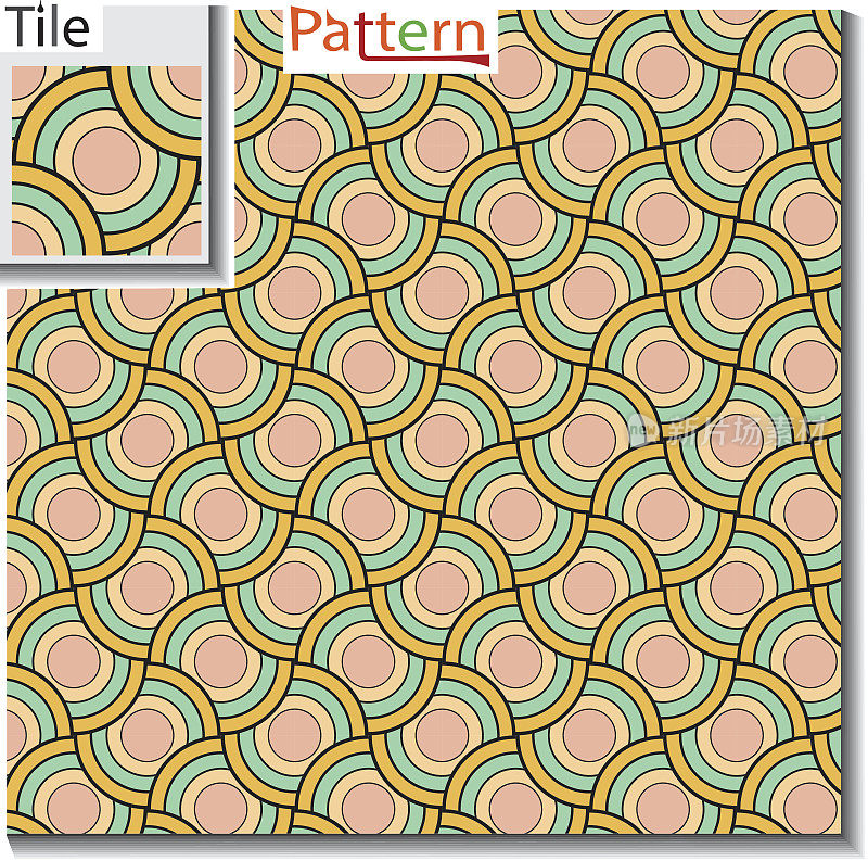 圆形圆环或圆盘的无缝图案，彼此重叠的原始瓷砖和豪华的配色方案。