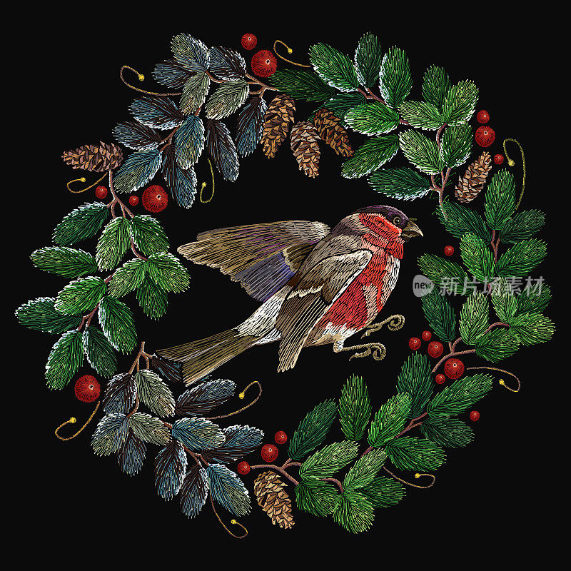 刺绣圣诞树花环和红色红腹灰雀。圣诞快乐经典刺绣白雪覆盖的冷杉树的树枝。圣诞时尚t恤艺术