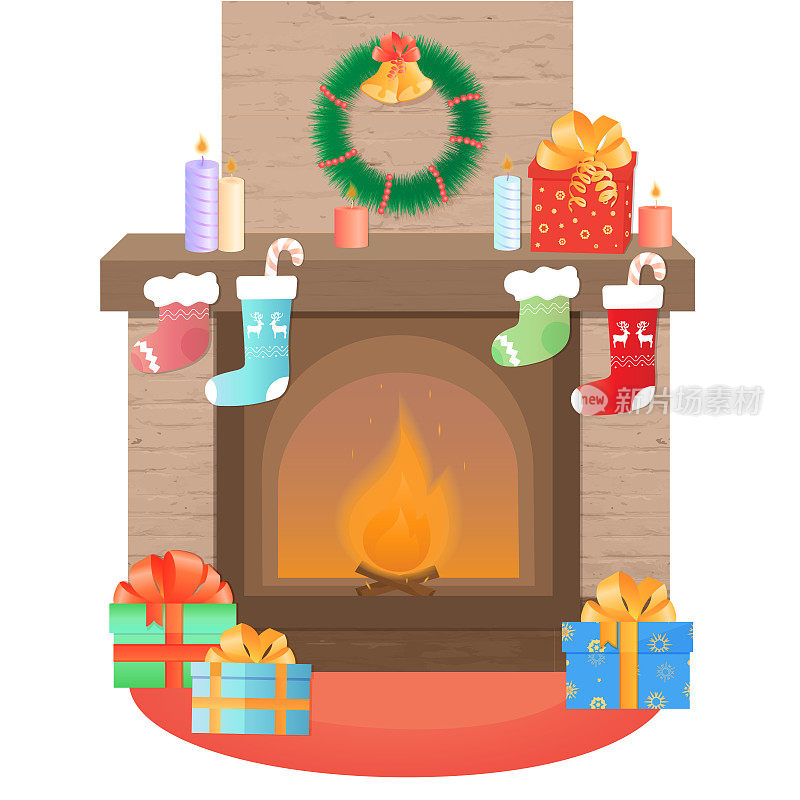 壁炉为圣诞节而装饰。新年装饰。