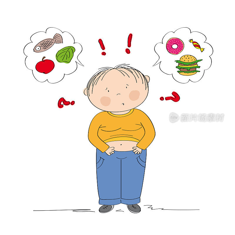 半信半疑的胖男孩对食物的思考，试图决定吃什么——无论是健康的还是不健康的食物——原创手绘插图
