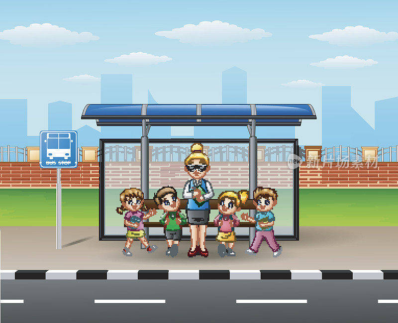 老师和孩子们在公共汽车站