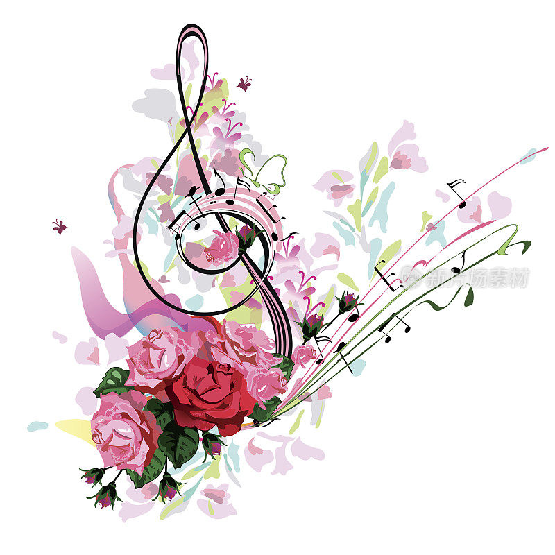 抽象高音谱号装饰玫瑰花和飞溅。