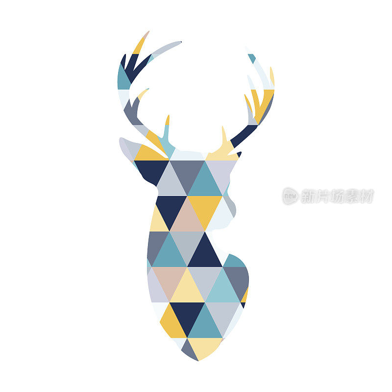 斯堪的那维亚鹿的头部有多种颜色的三角形。北欧风格。
