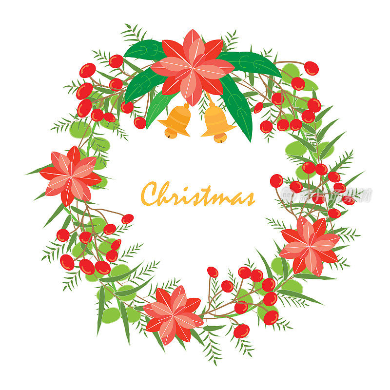圣诞和新年的花环。以红绣球、荚蒾、叶子和两个钟组成的花环是物体、框架和卡片的载体。该物品是圣诞节和新年的收藏品。该矢量不是跟踪或复制图像。