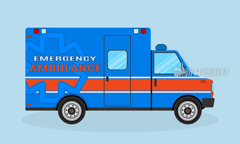 救护车侧视图。蓝色和橙色的紧急医疗服务车。医院交通。