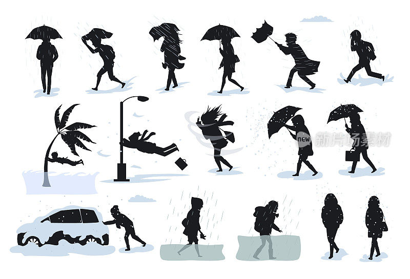 人们在恶劣天气条件下的剪影，在强风、冰雹、海啸、风暴、暴风雪、洪水中行走奔跑