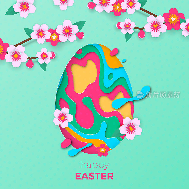 复活节贺卡的彩蛋剪纸和春天的鲜花背景复活节狩猎节日剪纸设计
