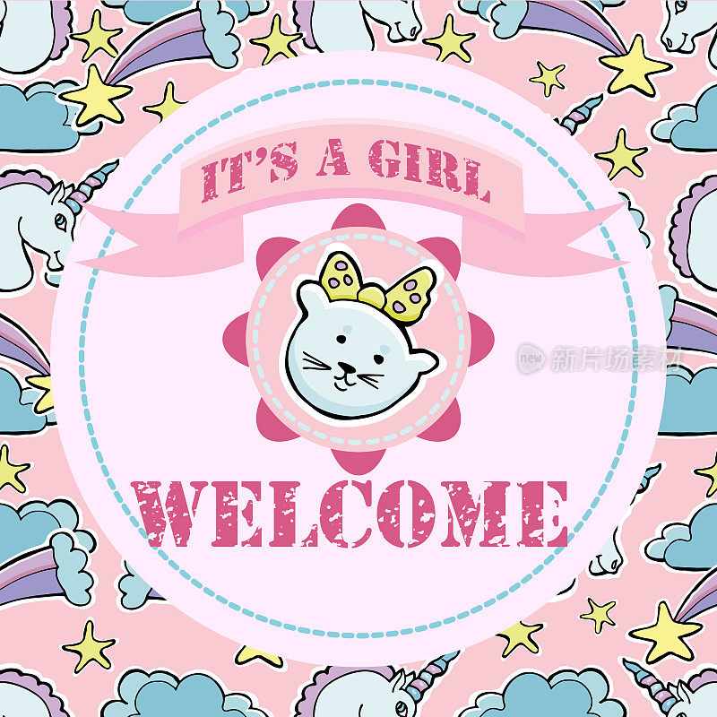 迎婴派对和欢迎贺卡。是个女孩，欢迎。可爱的小猫，独角兽，彗星，彩虹，星星。贴纸。