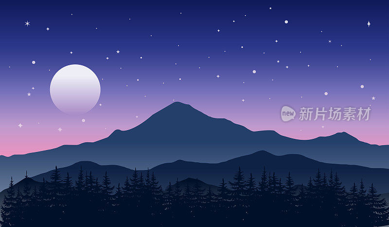 壮丽的山峦在美丽的星空下。月亮和蓝紫色天空的自然景观。