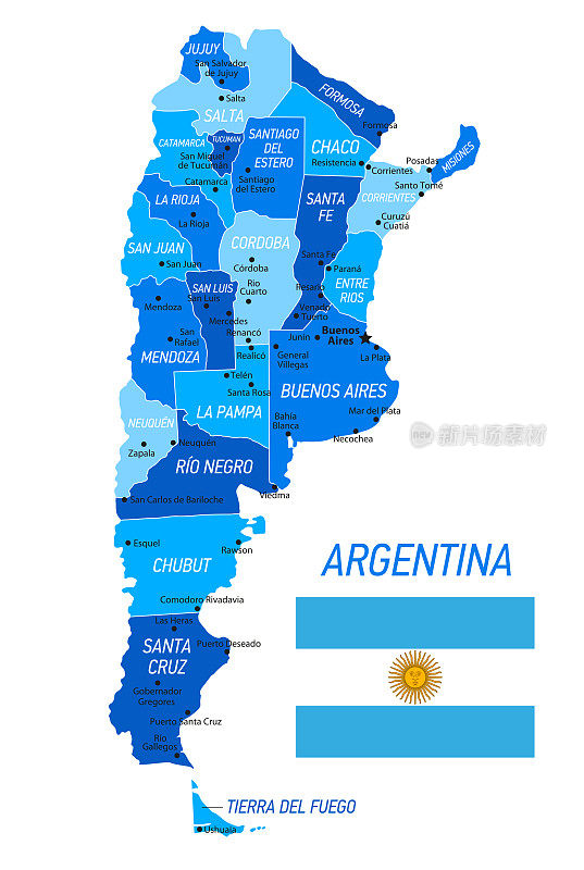 阿根廷地图与国旗。蓝色的矢量图