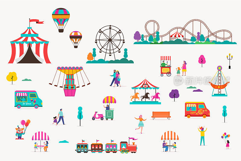 有旋转木马、气球和过山车的游乐园。马戏团，游乐场和嘉年华的图标集