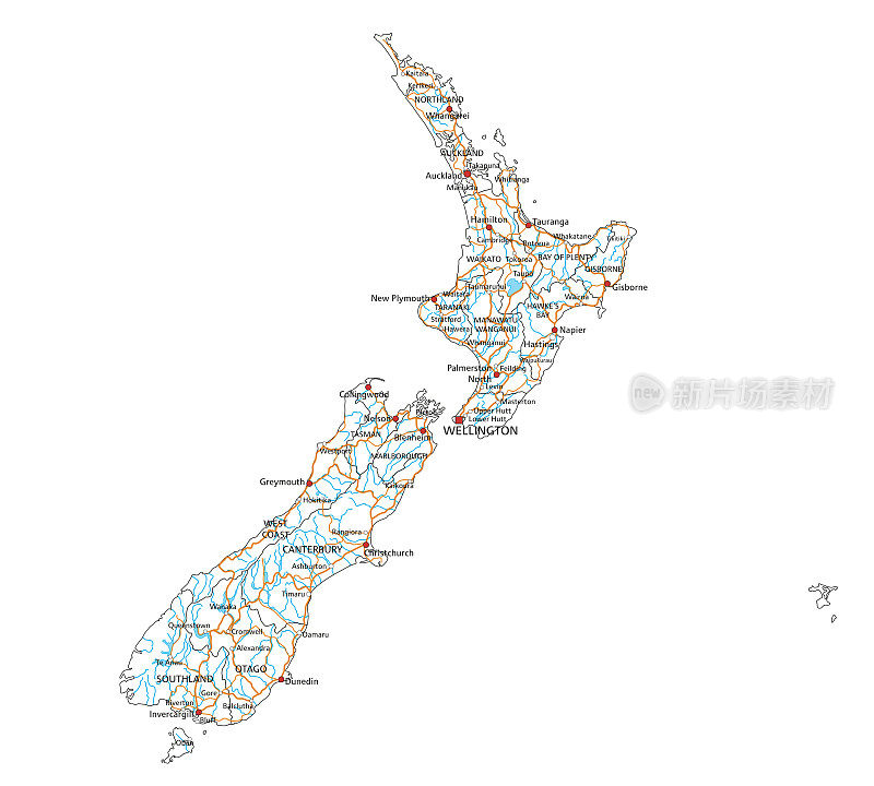 高度详细的新西兰路线图与标签。