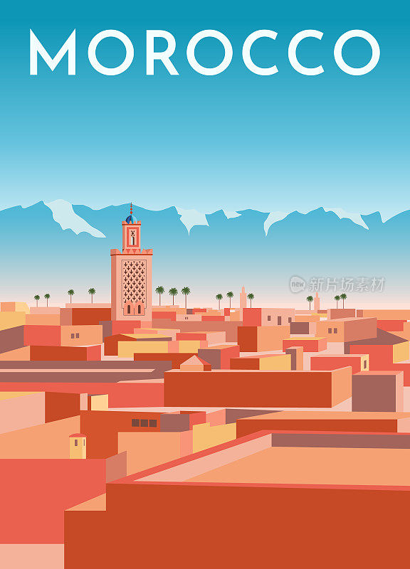 摩洛哥旅游复古海报，复古横幅。马拉喀什城市的全景，有房子，清真寺，山脉。平面向量插图。