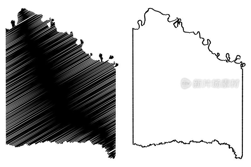红河县，得克萨斯州(县在得克萨斯州，美国，美国，美国)地图矢量插图，涂鸦草图红河地图