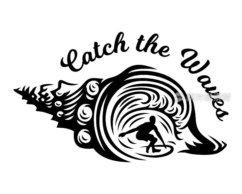冲浪矢量标志，插图，t恤设计与贝壳在白色的背景