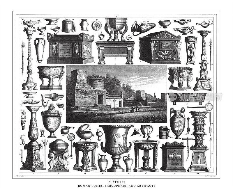 罗马坟墓，石棺和文物雕刻古董插图，出版于1851年