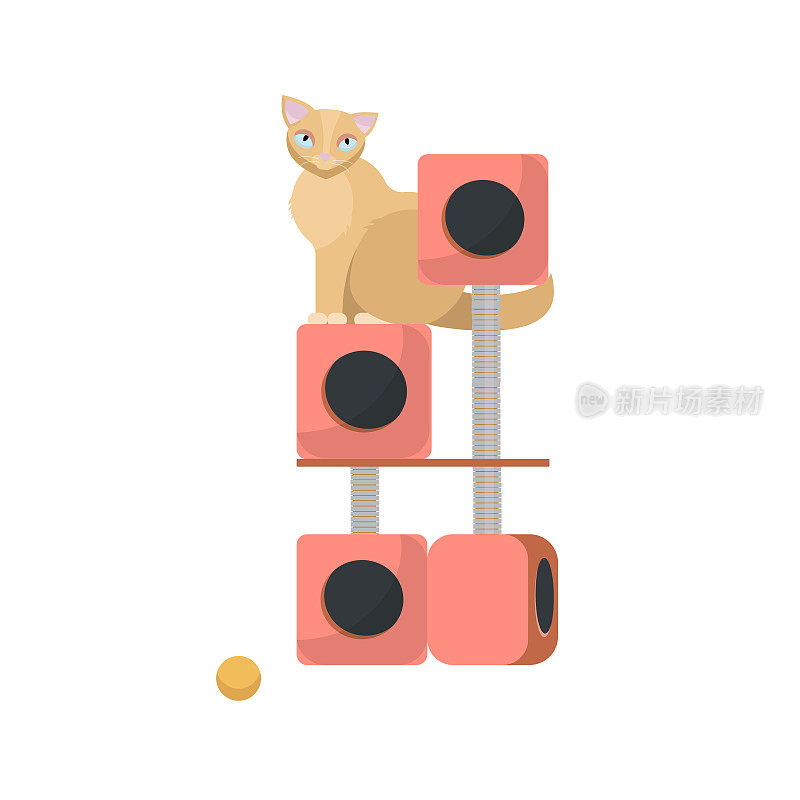 可爱有趣的长毛，米黄色的猫在猫树上玩耍。扁平化卡通风格矢量人物插图上的白塔背景。