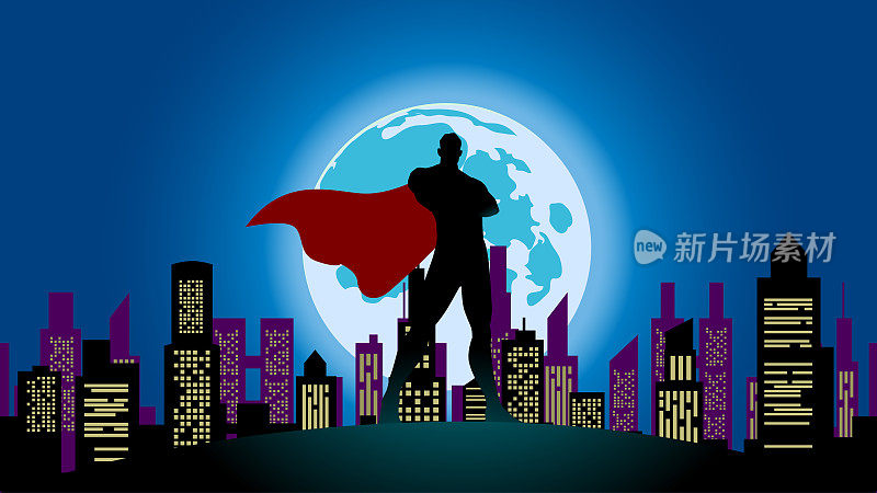 向量超级英雄剪影在城市在夜间存货插图