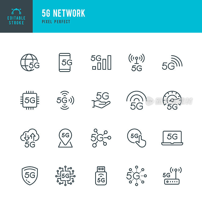 5G网络-细线矢量图标集。像素完美。可编辑的中风。该套装包含图标:5G技术、计算机芯片、笔记本电脑、5G连接、移动电话、5G网络、5G天线。