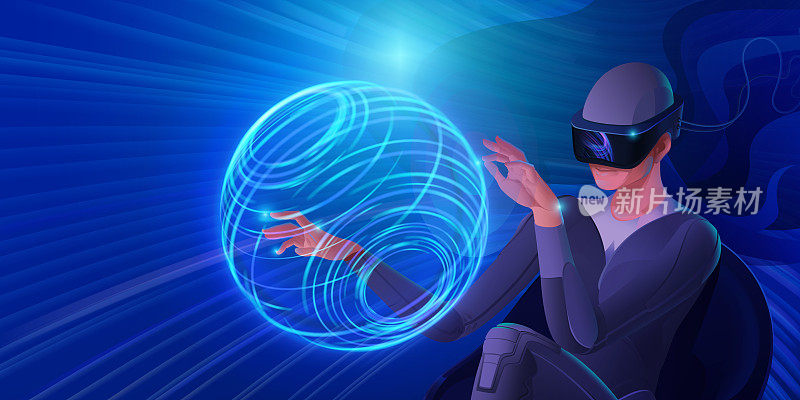 一个戴着虚拟现实头盔的女人控制着信息流。矢量图像现代技术的交流，游戏，创造力。蓝色基调的横幅。