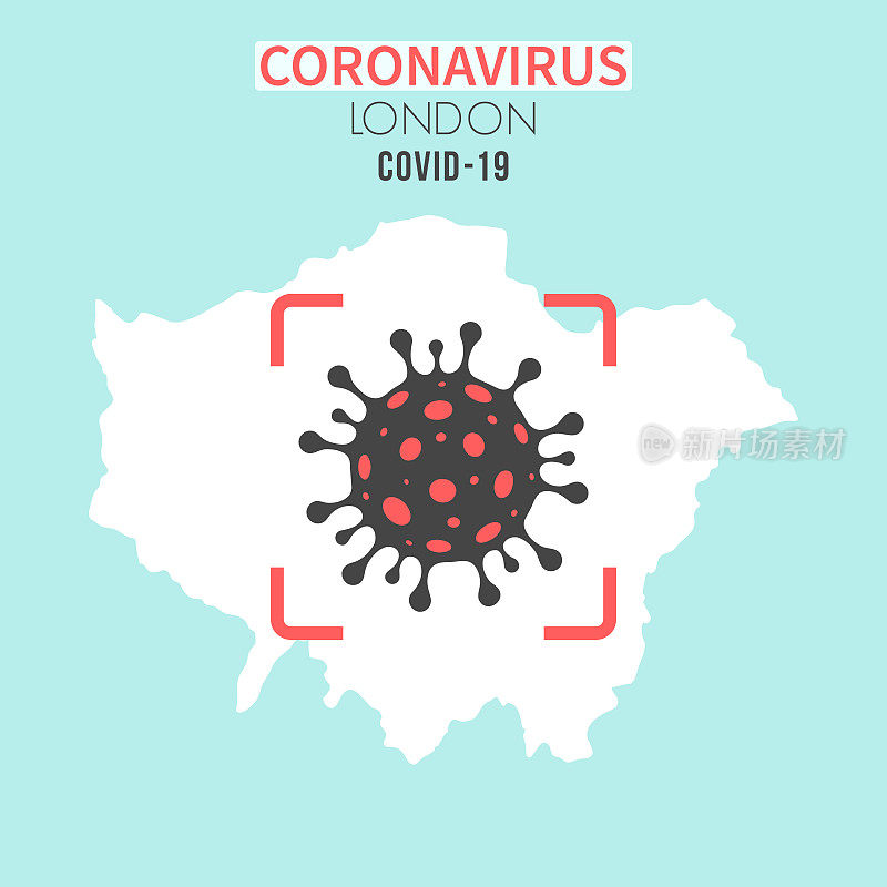 伦敦地图，红色取景器显示冠状病毒细胞(COVID-19)