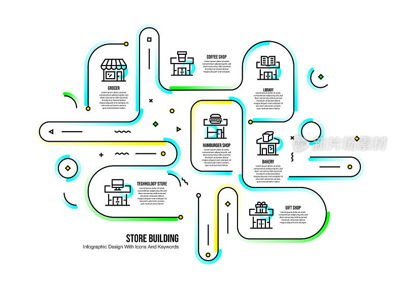 信息图设计模板与商店建筑的关键字和图标