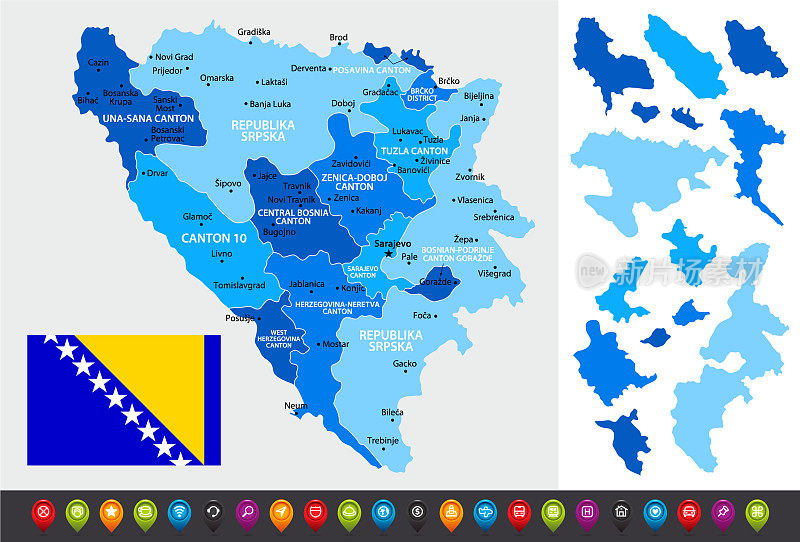 波斯尼亚和黑塞哥维那地图与地区，导航图标和国旗。文件包含分隔的区域