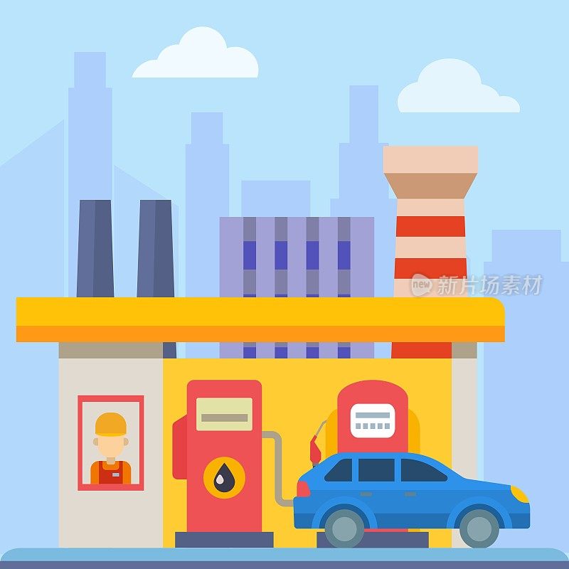 能源工业上服务运输加油汽车站加油机加油卡通插图。汽车汽油燃料概念。