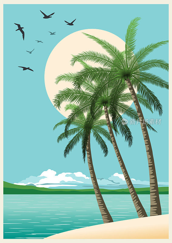 夏日热带落日与棕榈树。复古的背景