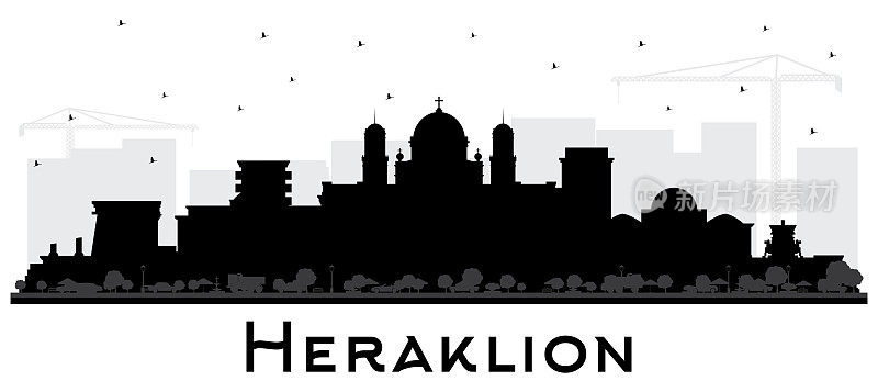 伊拉克利翁希腊克里特岛城市天际线剪影与黑色建筑隔离在白色。