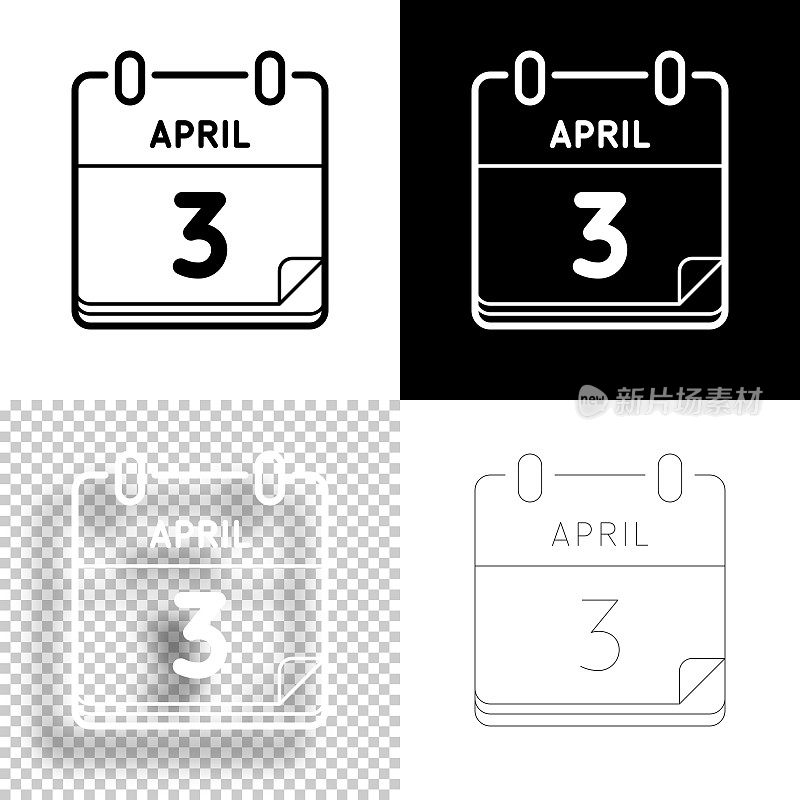 4月3日。图标设计。空白，白色和黑色背景-线图标