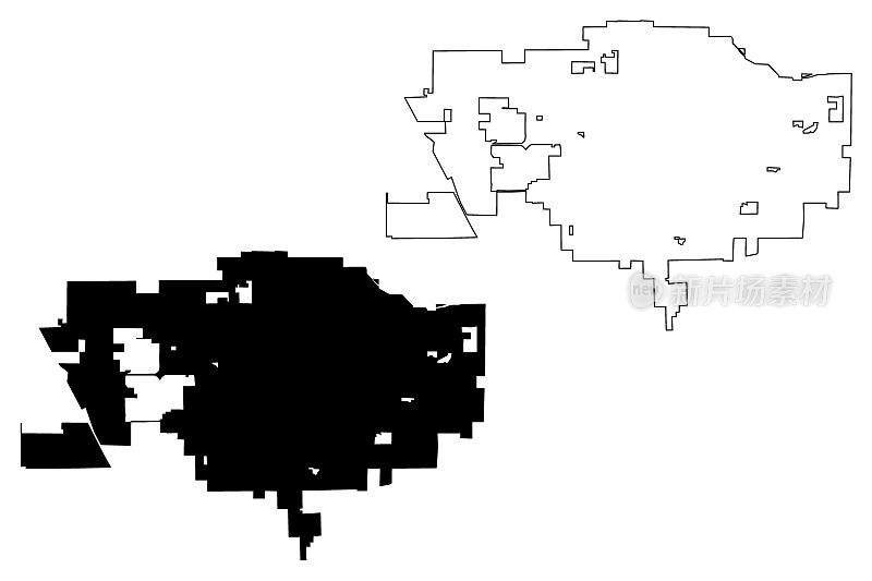 美国加利福尼亚州维萨利亚市(美国城市、美国城市、美国城市)地图矢量插图，涂鸦草图维萨利亚市地图