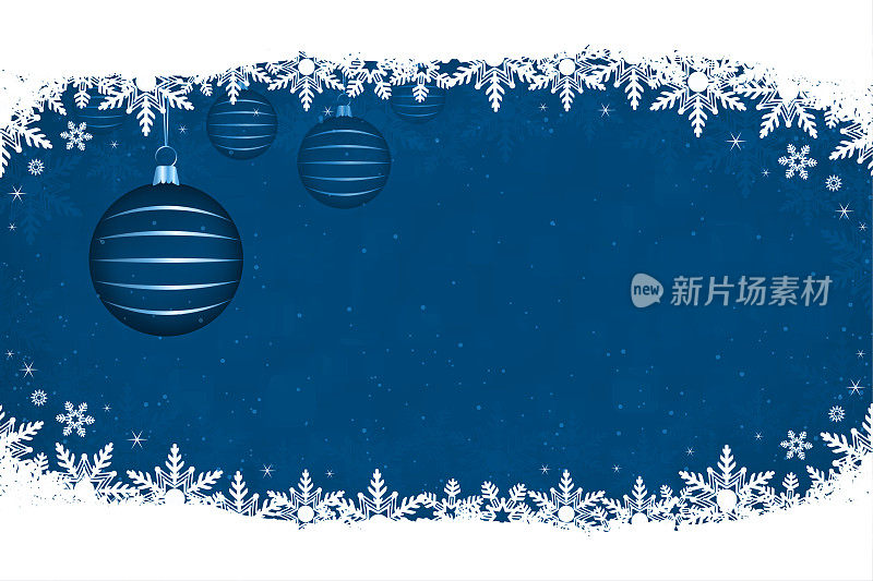 闪闪发光的圣诞矢量背景与四条条纹的小饰品悬挂在一个深蓝色的背景与白色的雪花在顶部和底部