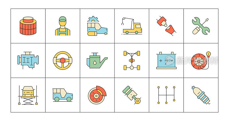 采购产品汽车服务,活塞,汽车升降器,汽车发动机,维修,盘式制动器,电池图标