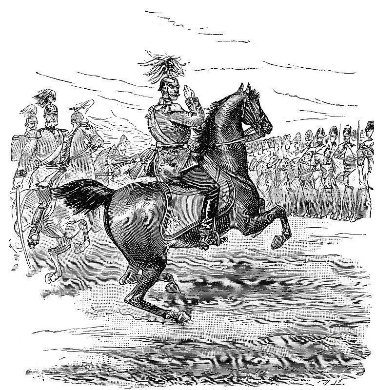 德国皇帝威廉二世骑马迎接史威德龙骑兵