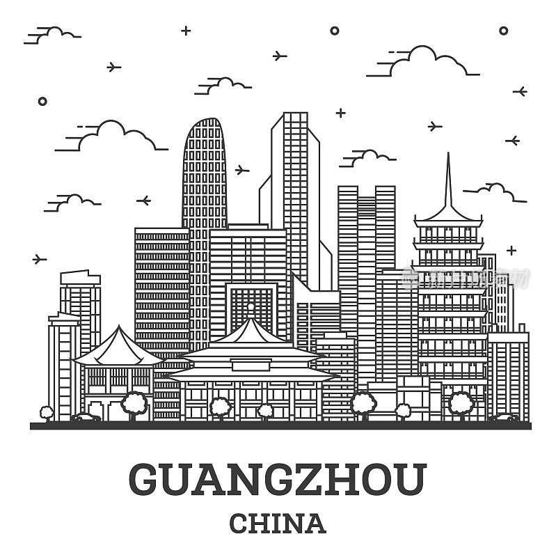 用白色隔离的现代建筑勾勒出中国广州城市的天际线。