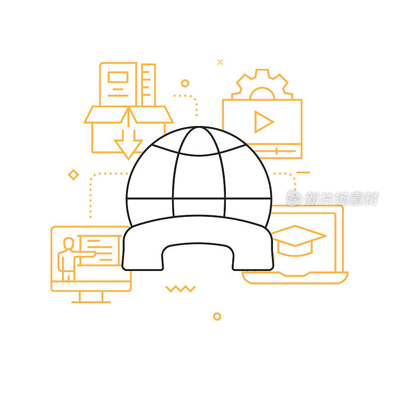 电子学习，在线教育和远程教育相关的线图标。向量符号说明。