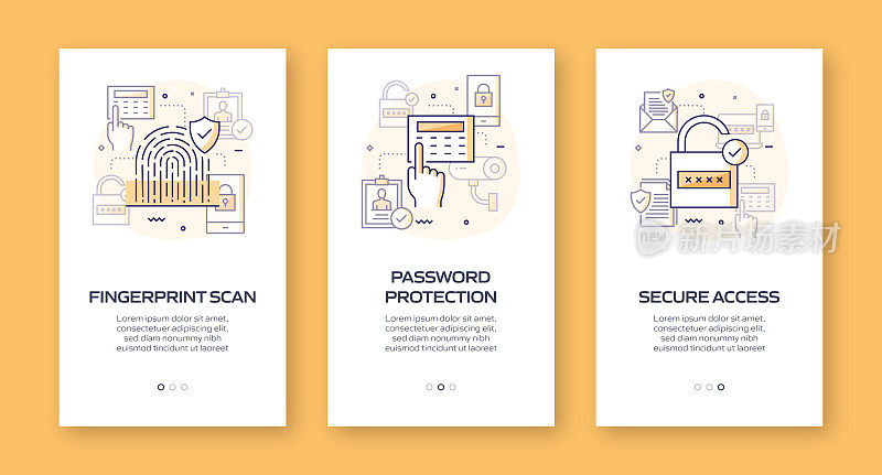 数据安全和网络安全概念的移动应用程序页面屏幕与平面图标。用户体验，用户界面设计模板矢量插图