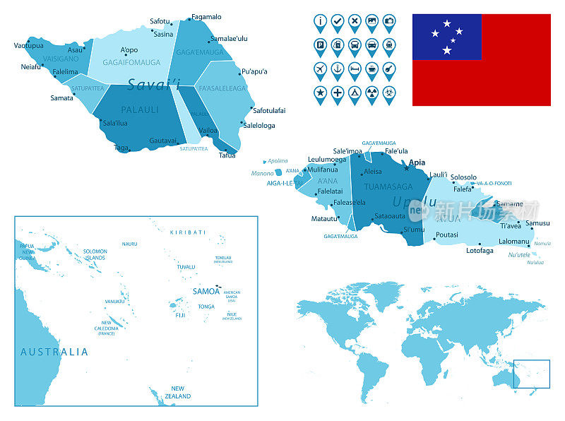 萨摩亚详细的行政蓝色地图，在世界地图上有国旗和位置。