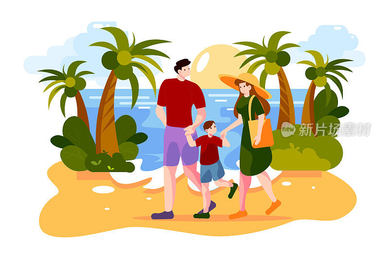 幸福的家庭在海边散步