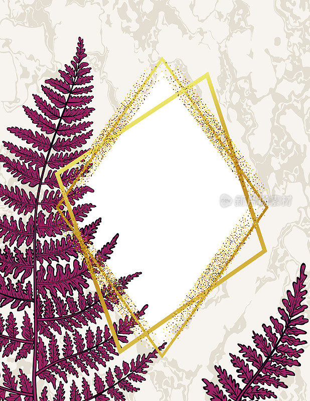蕨和黄金装饰几何框架邀请模板