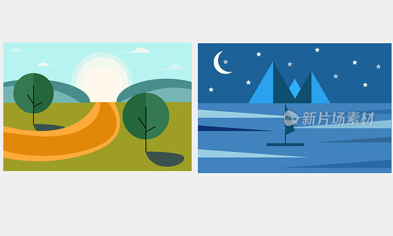 绿色和蓝色的风景。山,晚上。平原，太阳，云，月，船，星，树，路，海。jpg