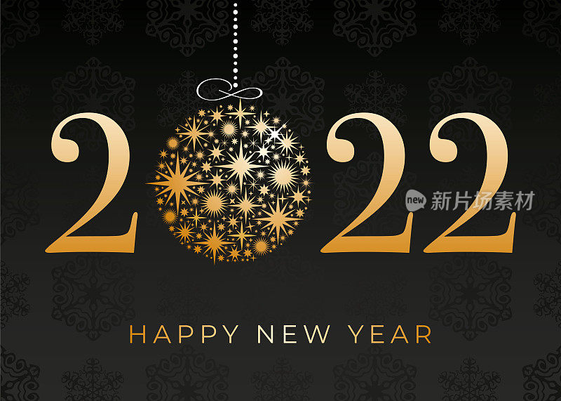 新年快乐，2022黑色背景。寒假贺卡设计模板。