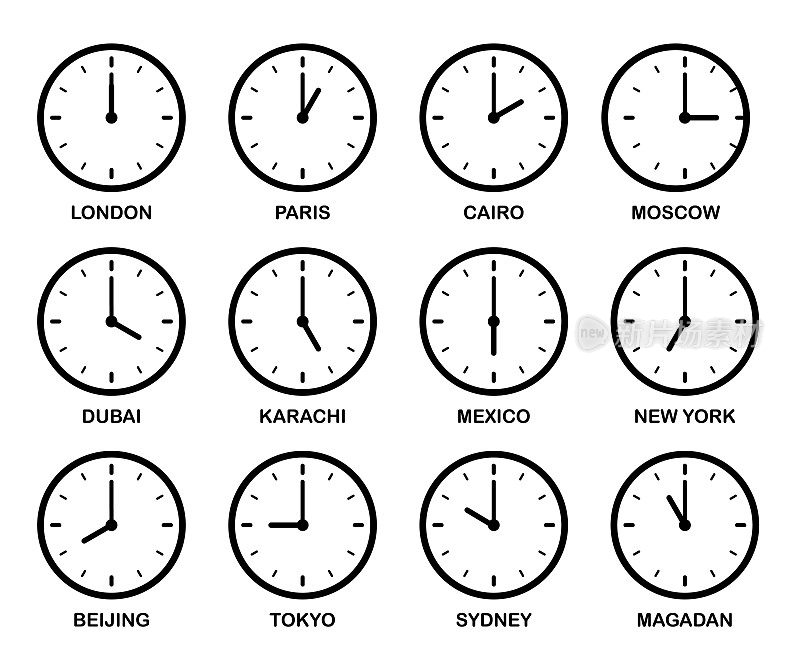 时钟时区设置-矢量插图。不同时区的时间。箭头-钟面上的小时，分钟。时钟时间流逝。