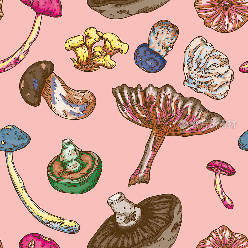 迷幻色彩线艺术森林蘑菇无缝模式