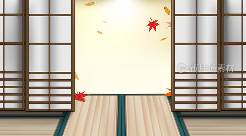 日本房间的秋天和红色枫叶的旅游理念。